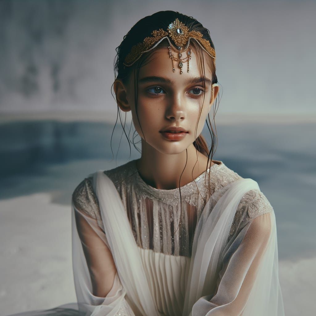 Ethereal Girl with Golden Head Chain in White Gown