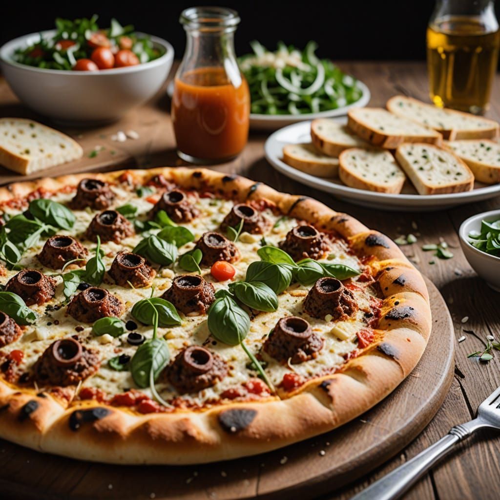 Greek Pizza with Salad and Garlic Bread