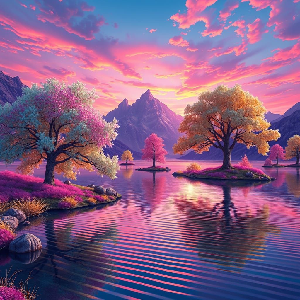 A pastel water color of highly detailed trees, each having i...