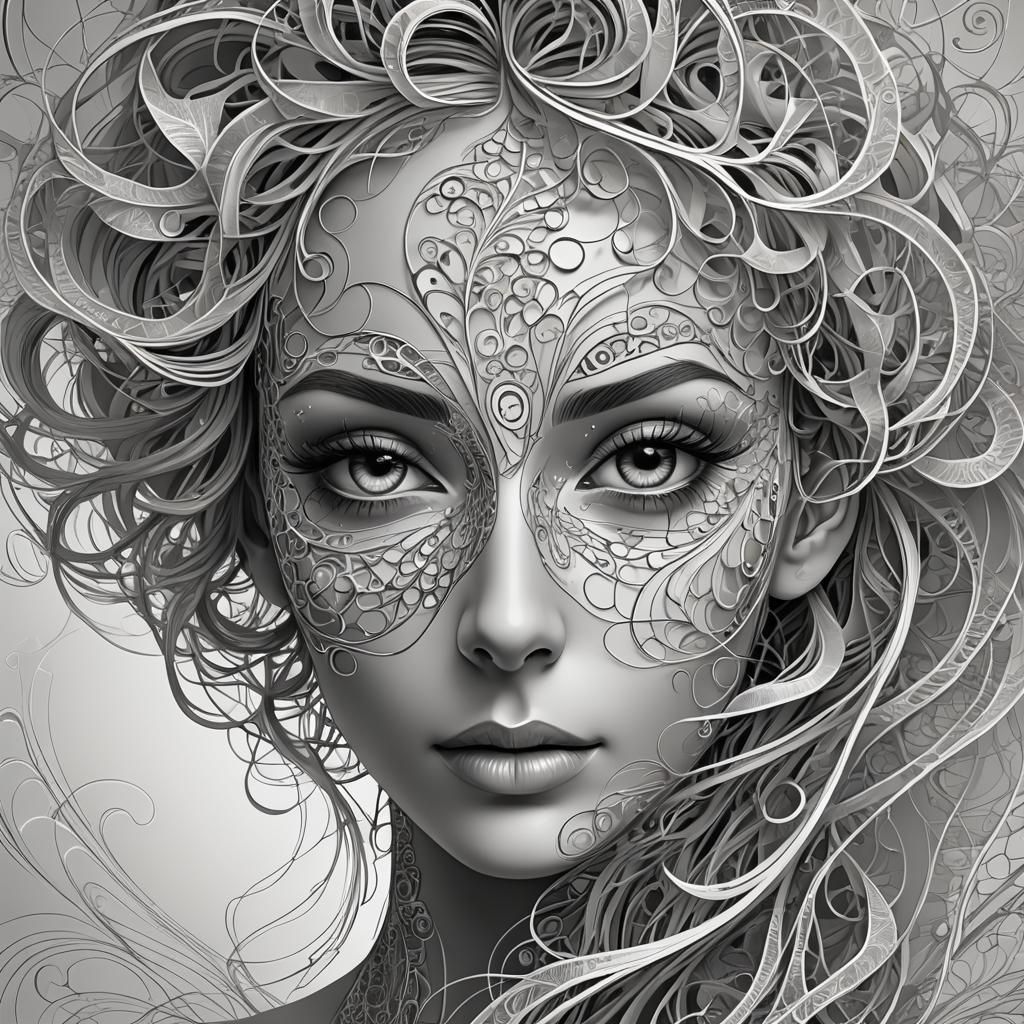Girl's Face with Abstract Fractal Fine Line Art