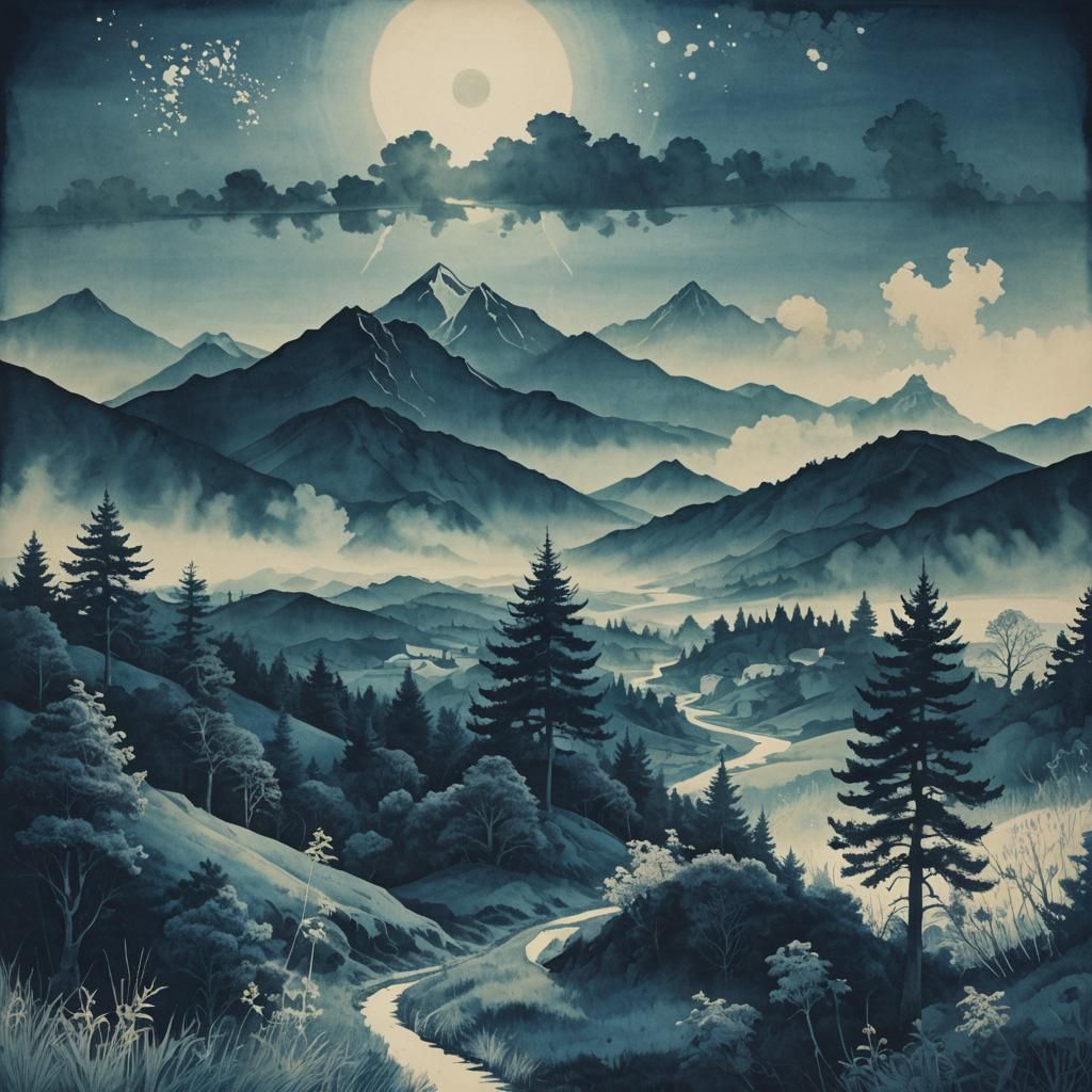 Psychedelic Cyanotype Landscape with Illuminati Eye