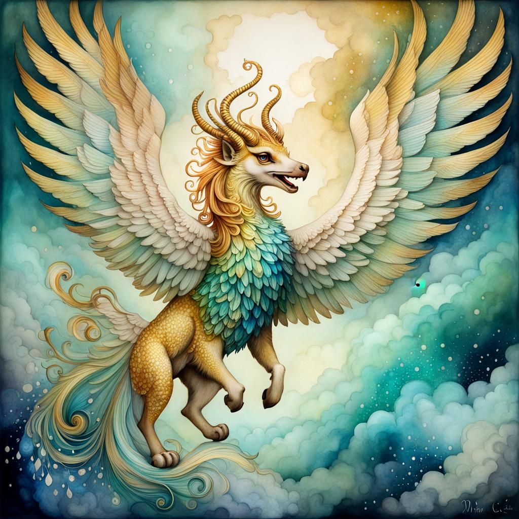 Winged Griffin in Alcohol Ink Wonderland