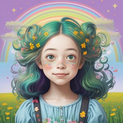 Quirky Girl with Flowers in Hair in Whimsical Style