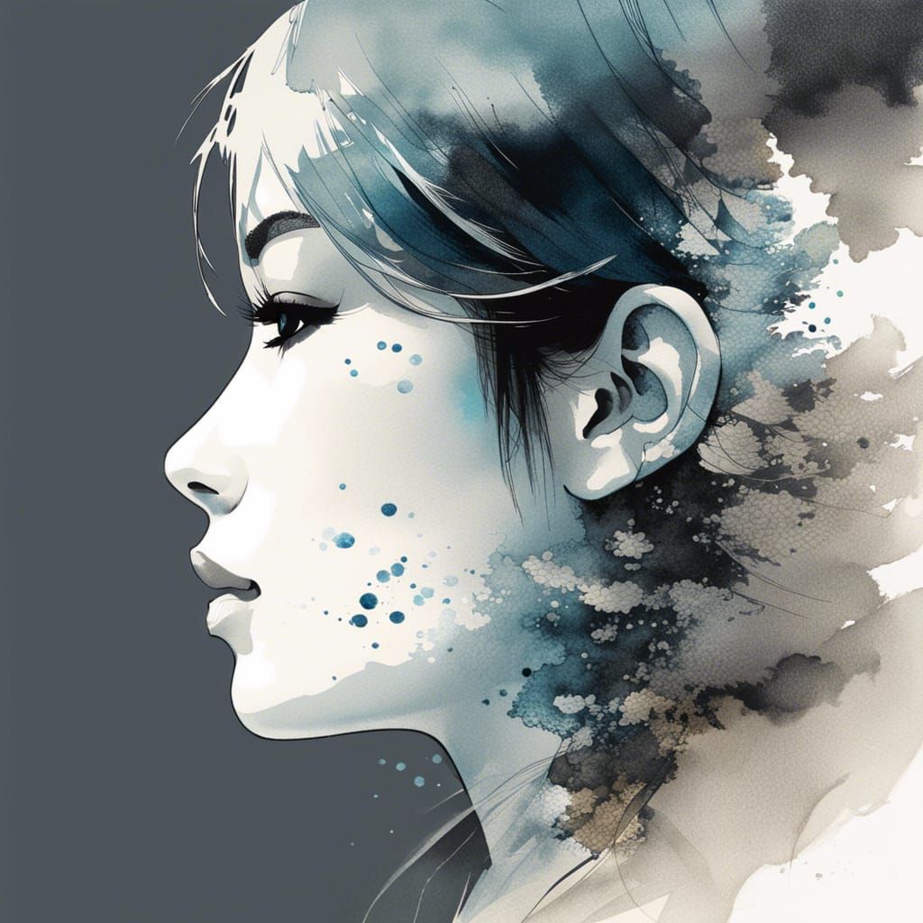 Ocean Double Exposure in Ink Drawing Style