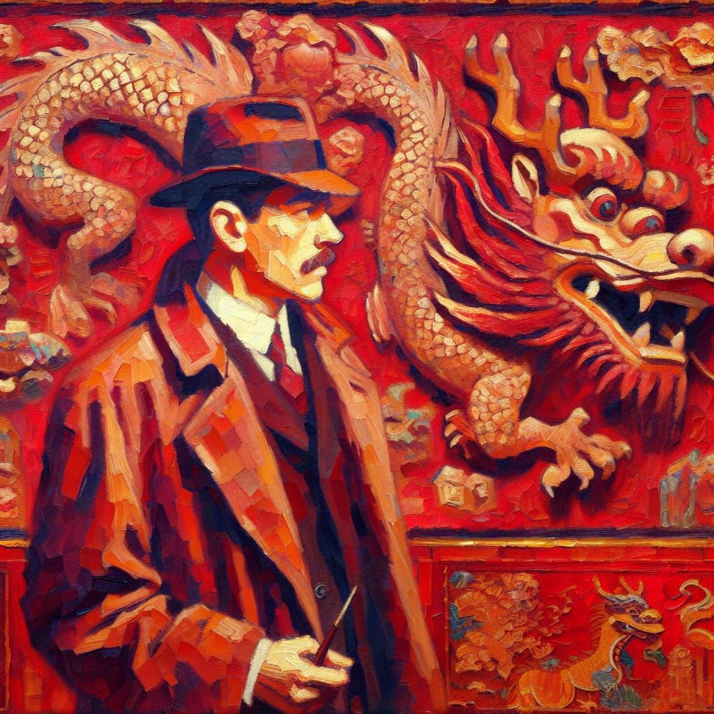 Detective and Dragon: Neo-Impressionist Oil Painting
