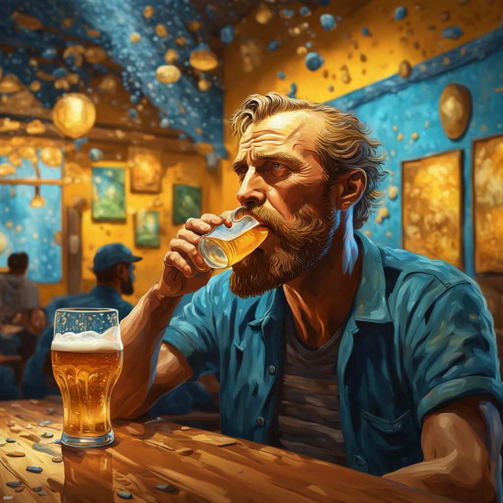 A Man Savoring a Cold Beer in a Vivid Cafe Scene