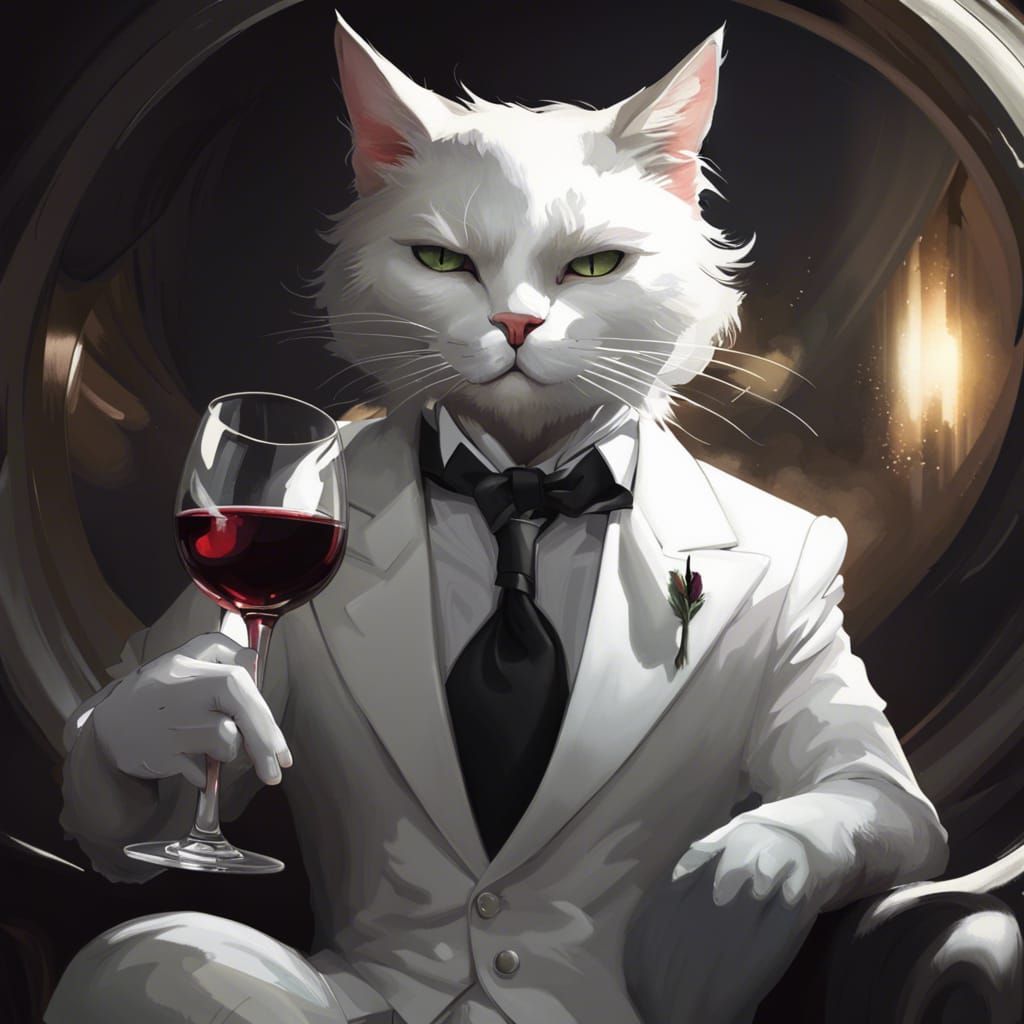 Sophisticated Cat Sipping Wine in Monochrome Portrait