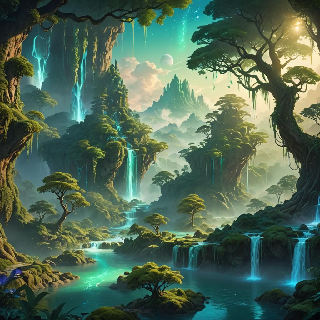 Mystical Realm with Floating Islands: Fantasy Concept Art