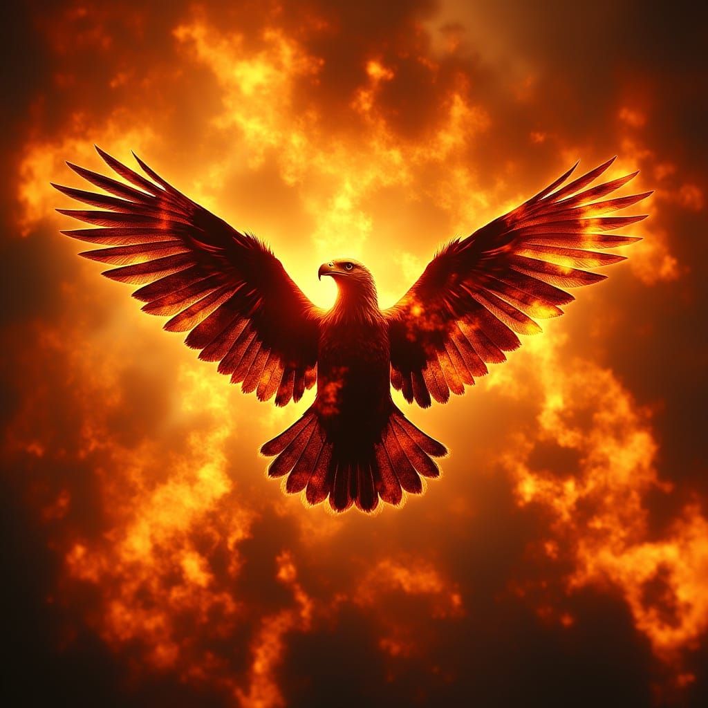Eagle Silhouette Against Fiery Flames Double Exposure
