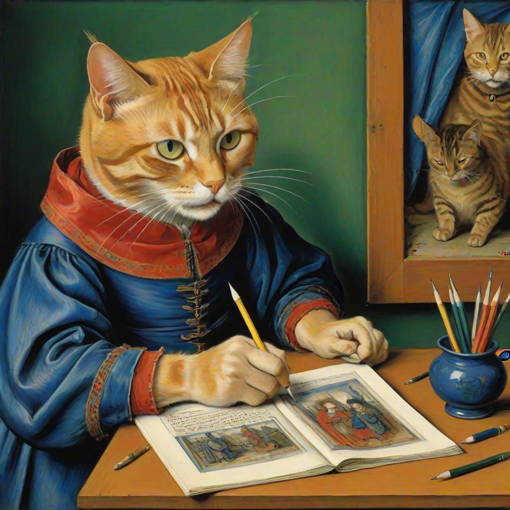 Cat Asks For Pencil Sharpening in Jan van Eyck Style