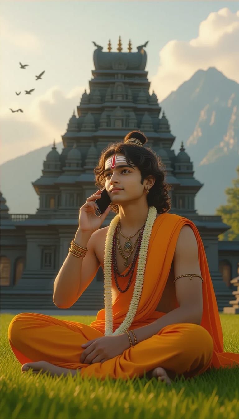 Young Pandit Ji in Saffron Dhoti at Mountain Temple