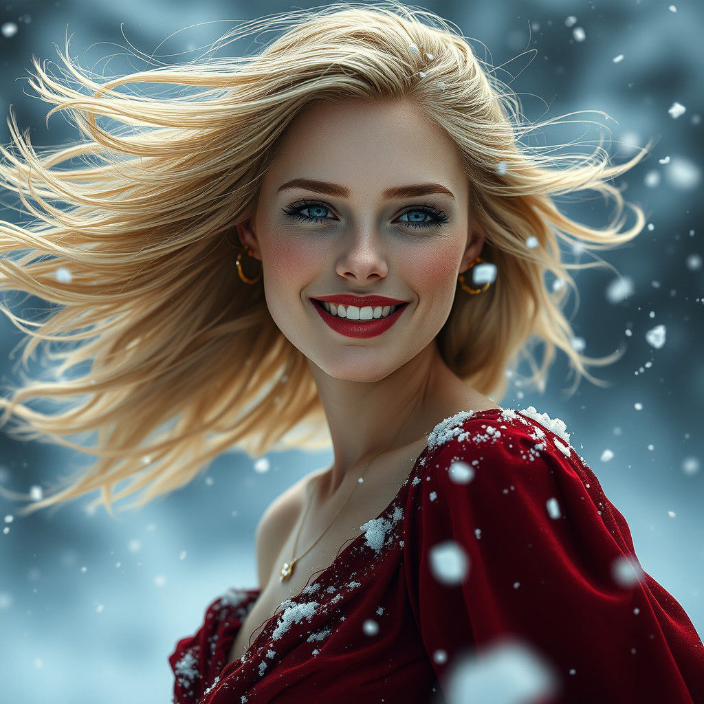 Snowy Blonde Woman in Red Dress: Digital Art