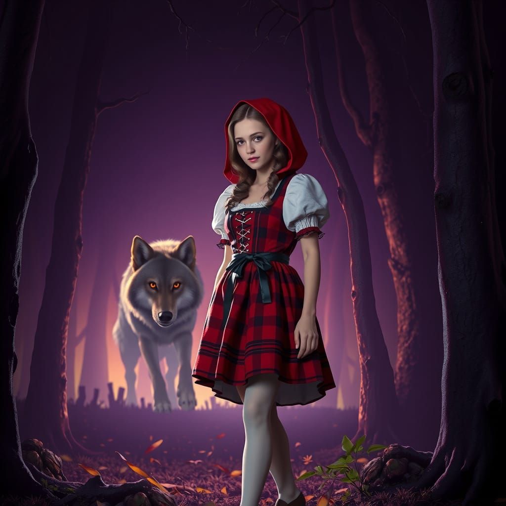 Dark Fantasy Portrait of Little Red Riding Hood in a Hauntin...