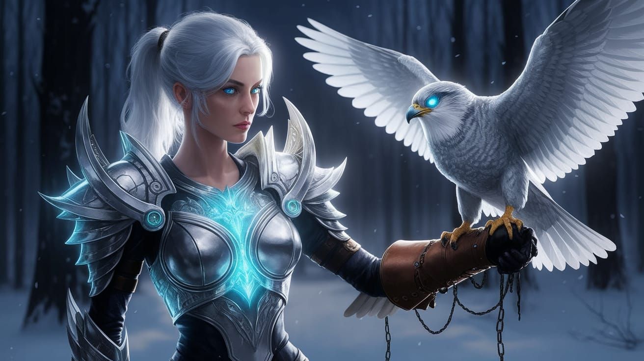 Valkyrie in Frosty Hyperrealistic Armor with Falcon