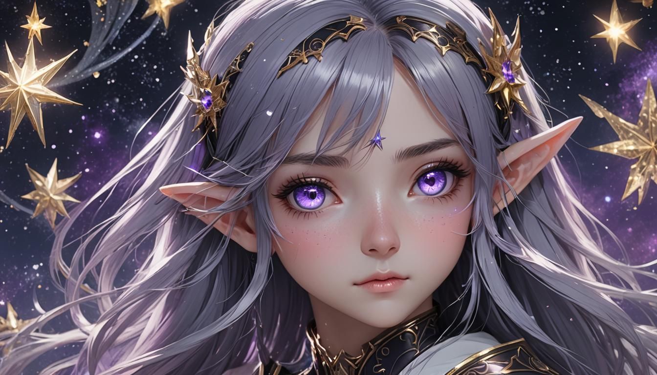 Elf with Purple Eyes Walking Through the Stars