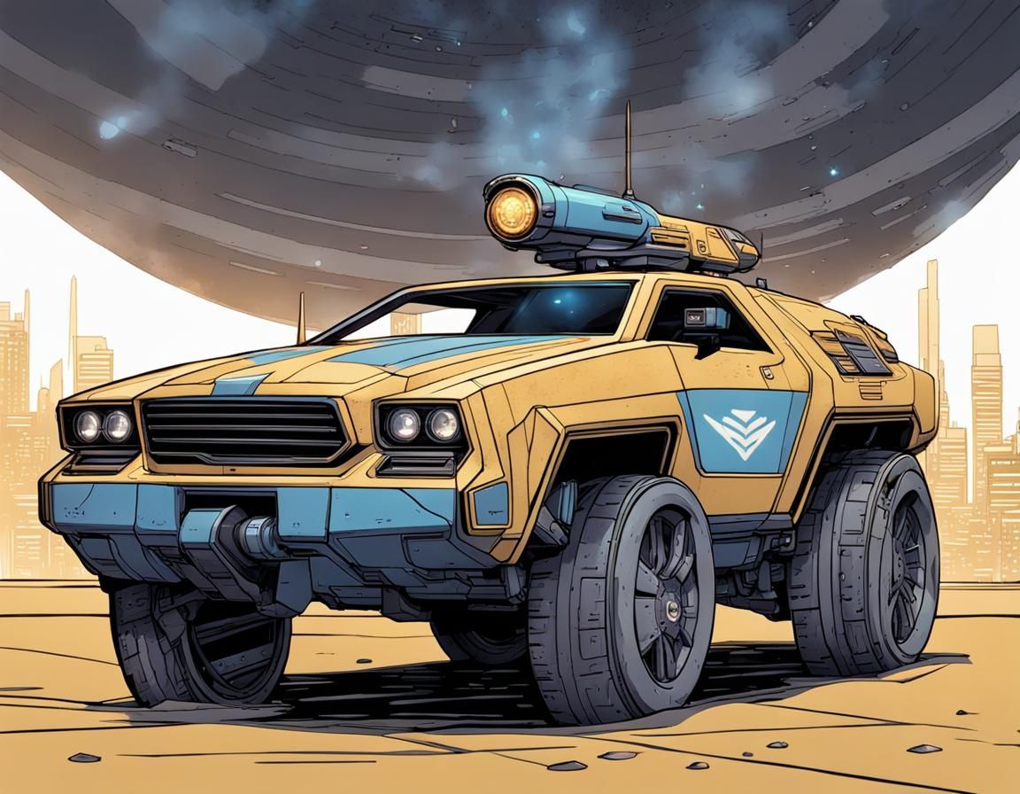 Cyberpunk Mass Effect Car in Retro Cityscape