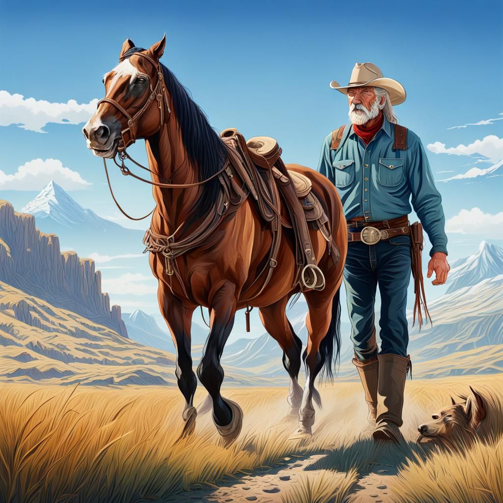 Cowboy and Horse in Mountain Landscape