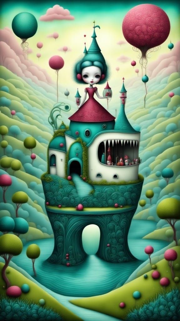 Samurai Cat Rides Shark in Whimsical Pop Surreal Style