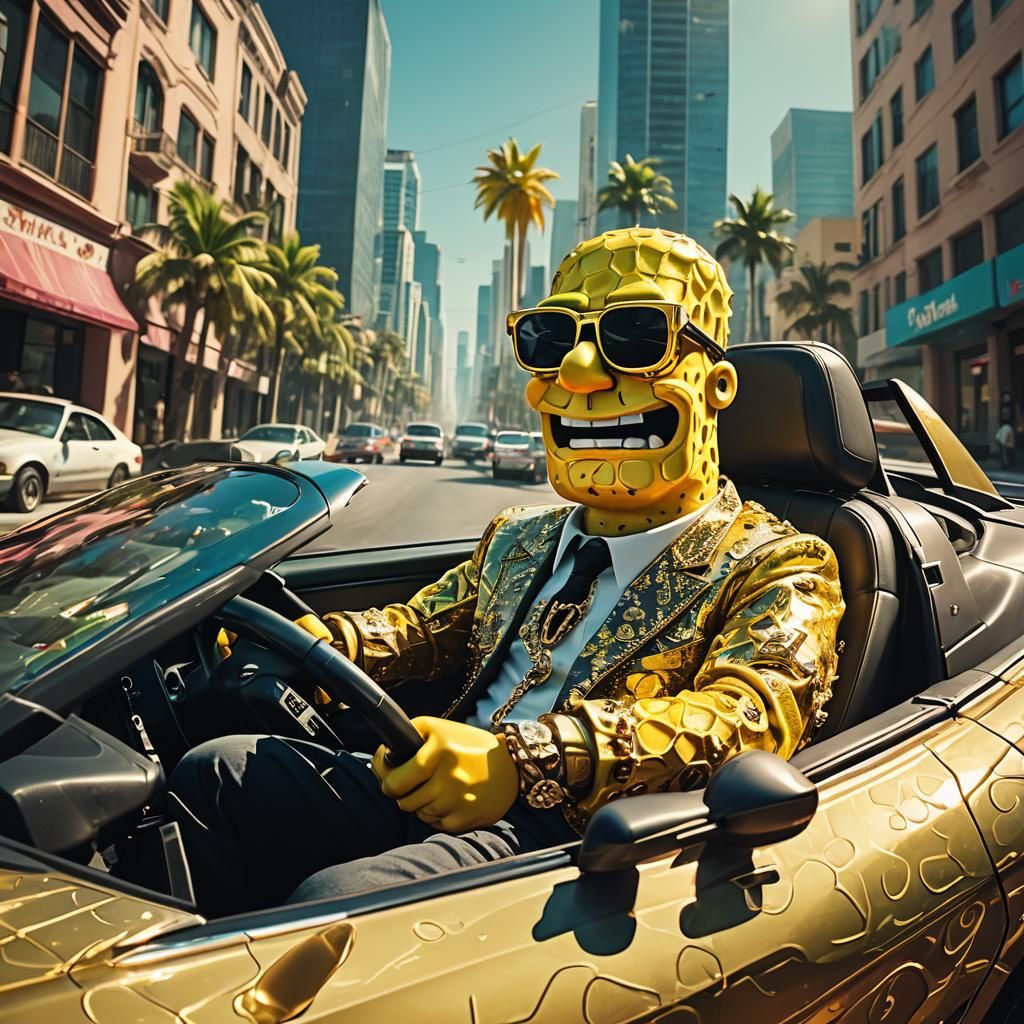 Gangster Spongebob in Mafia Corvette: Digital Art