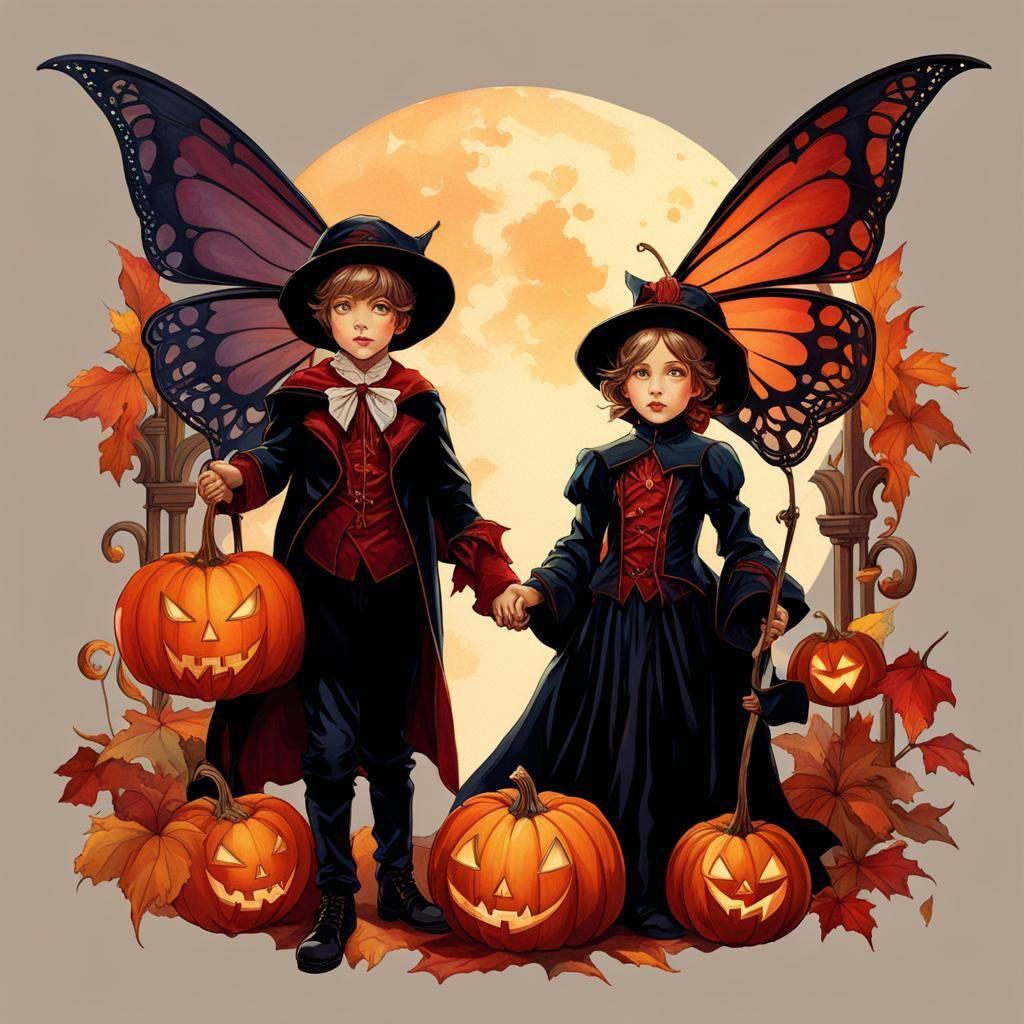 Halloween Twins in Alphonse Mucha Style