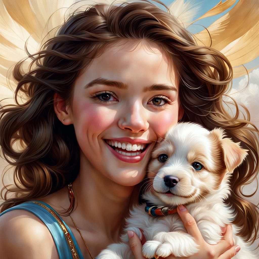 Joyful Woman with Puppy: Photorealistic Portrait