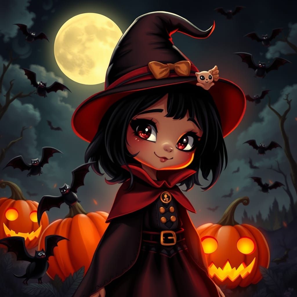 Anime Halloween Witch with Bats and Pumpkin