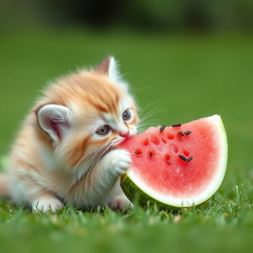 Fluffy Kitten Enjoys Watermelon Treat