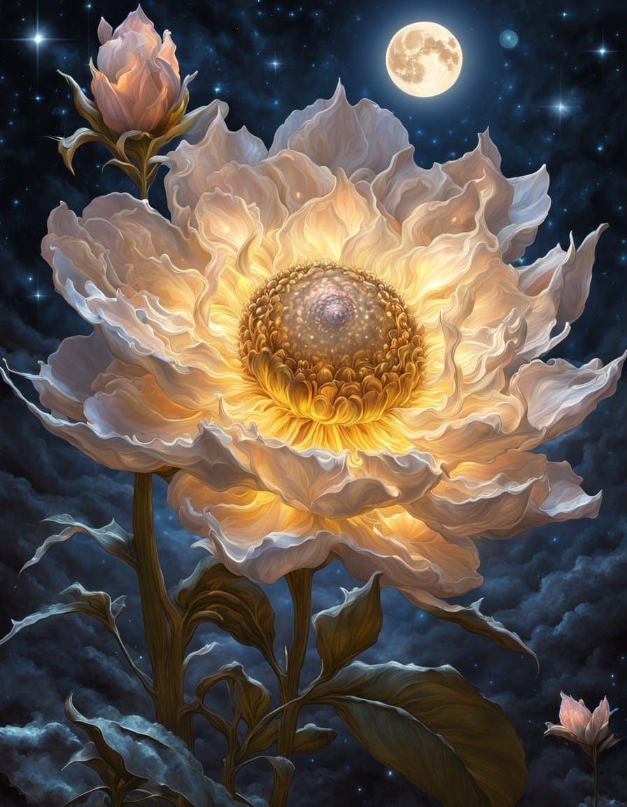 Luminous Flower Shines Under Giant Moon