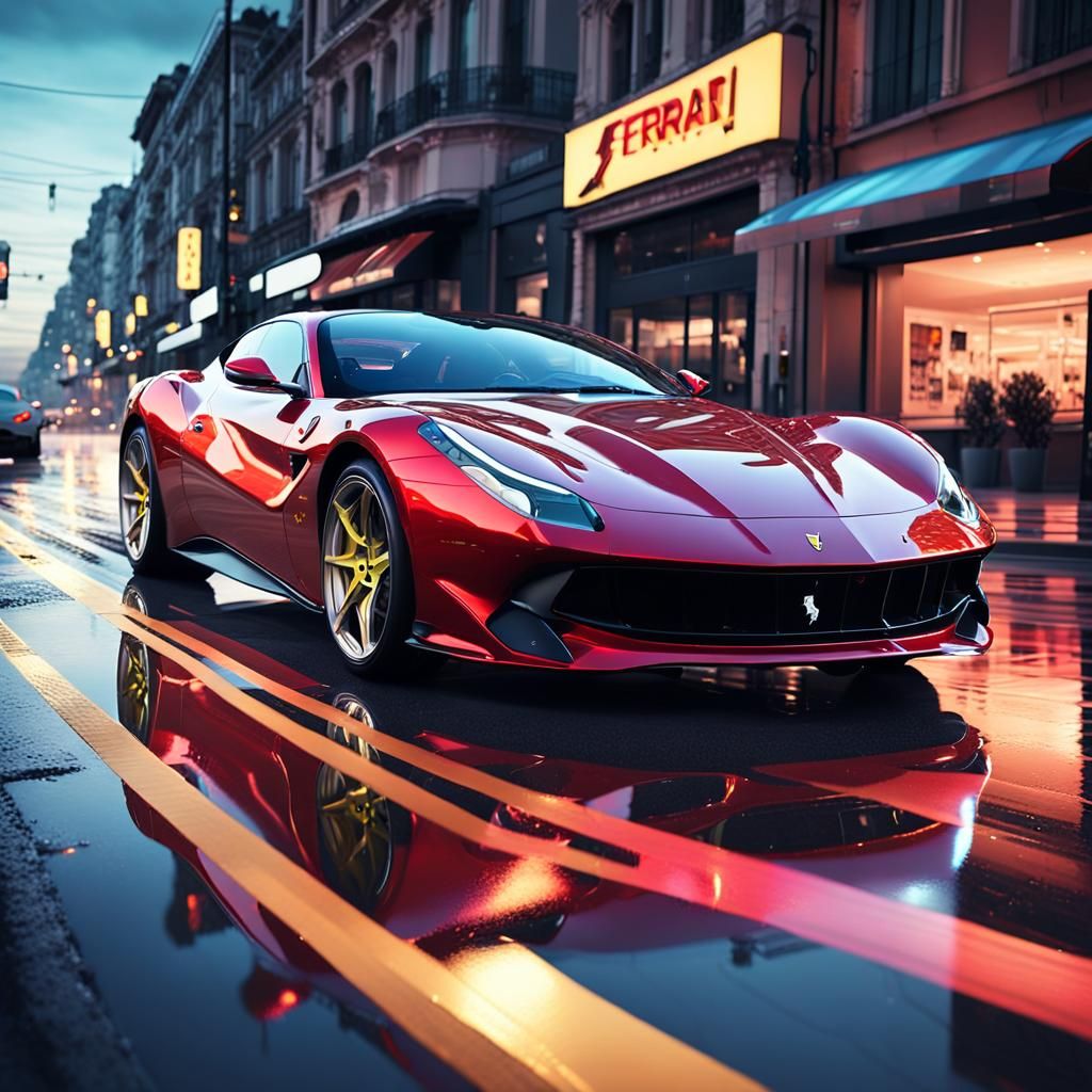 Futuristic Ferrari Gran Turismo in Neon Cityscape