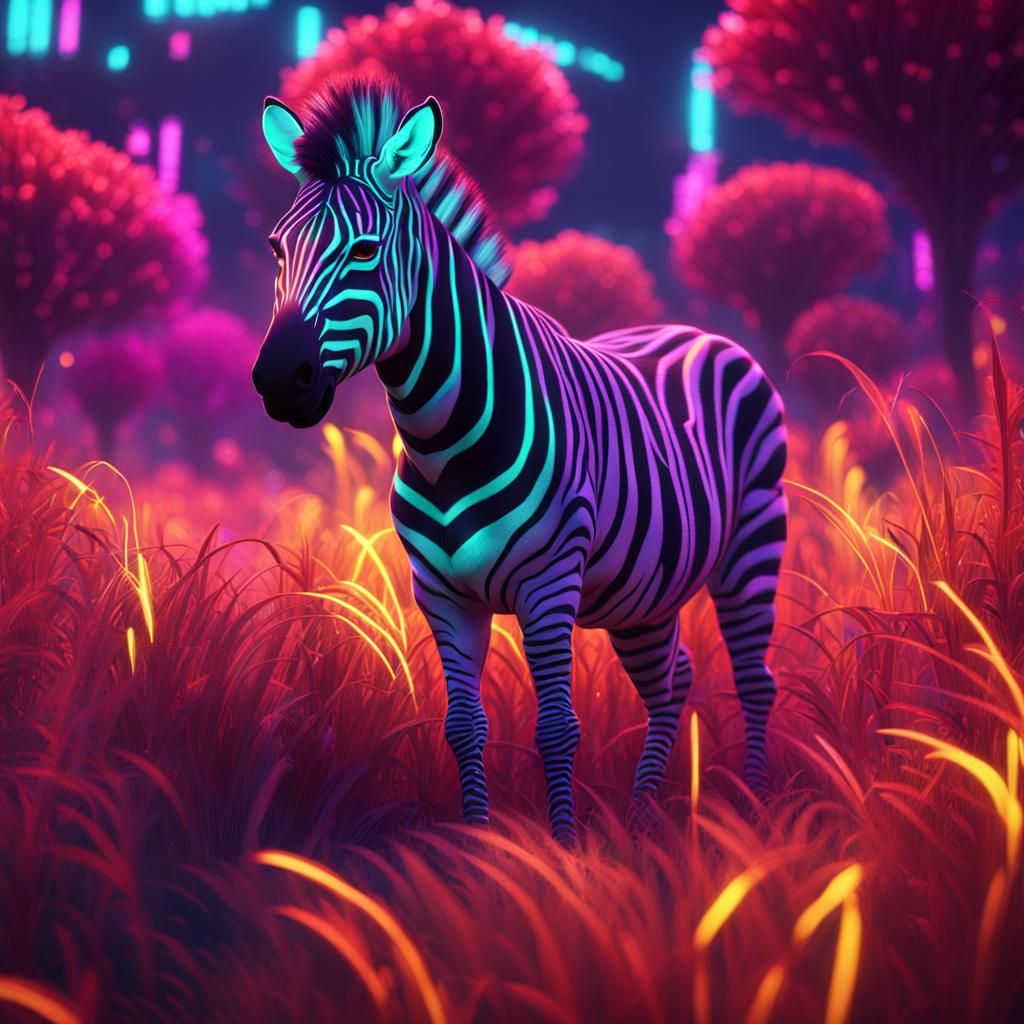 Neon Zebra Herd Grazing on Glowing Savanna
