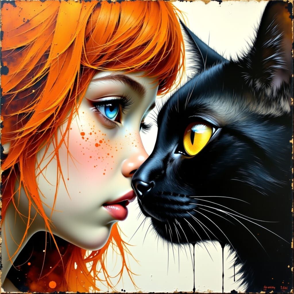 Girl and Cat Nose-to-Nose: Impasto Oil Painting