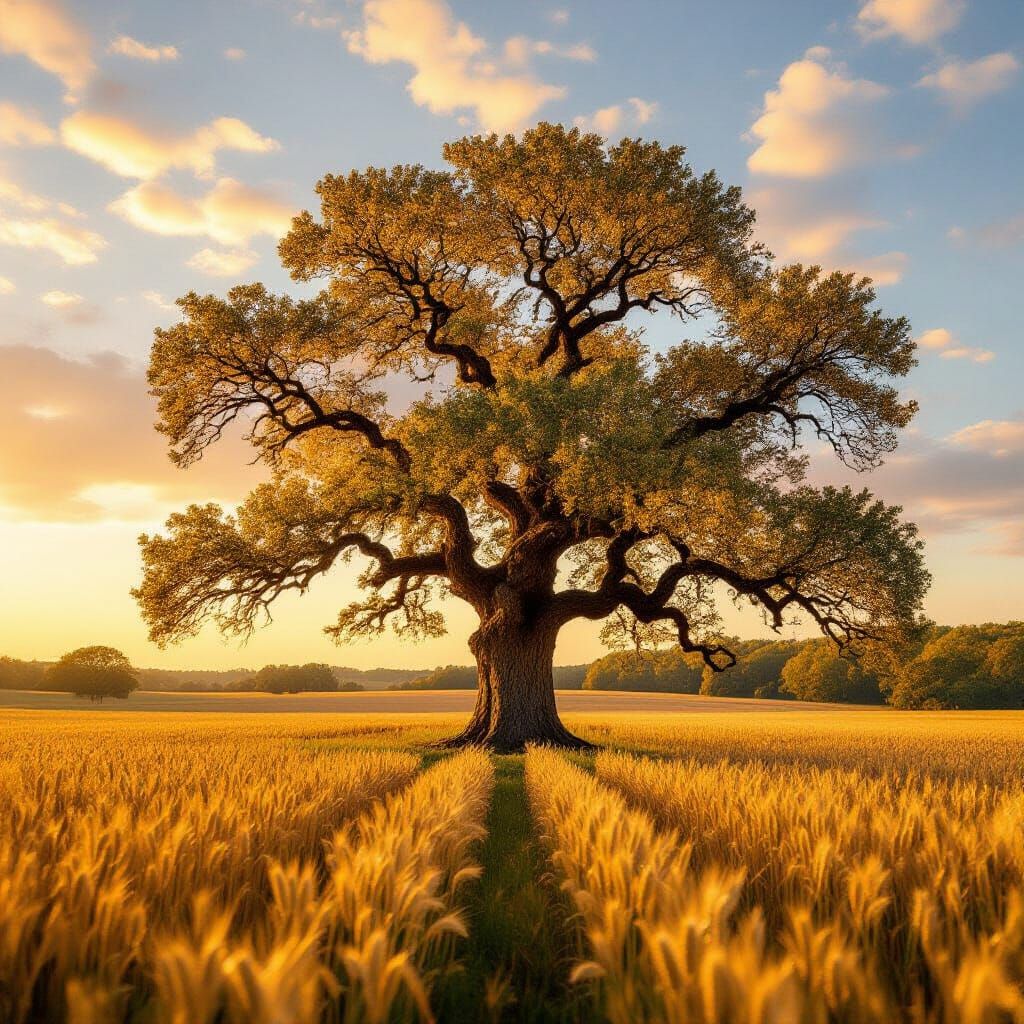 Golden Ratio Oak Tree in Impressionist Style