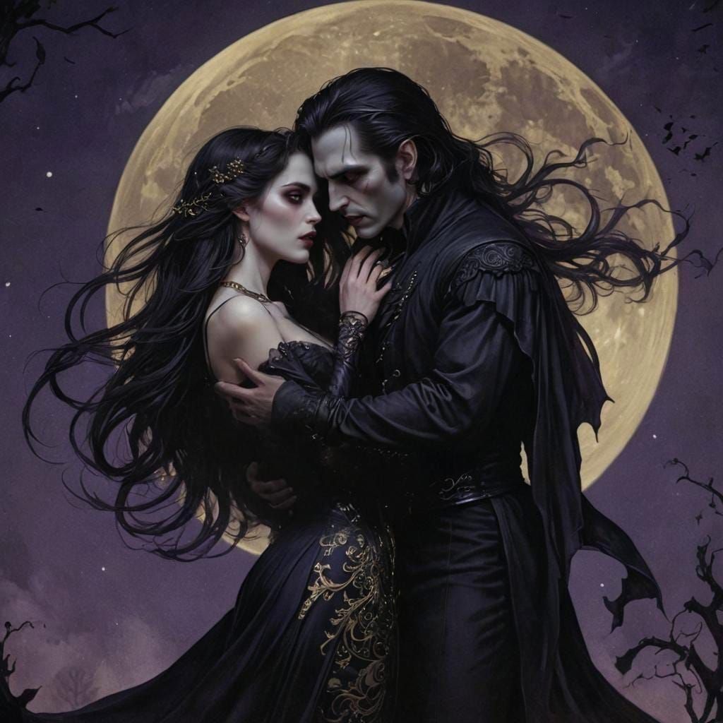 Vampire Couple Embrace Under Giant Moon