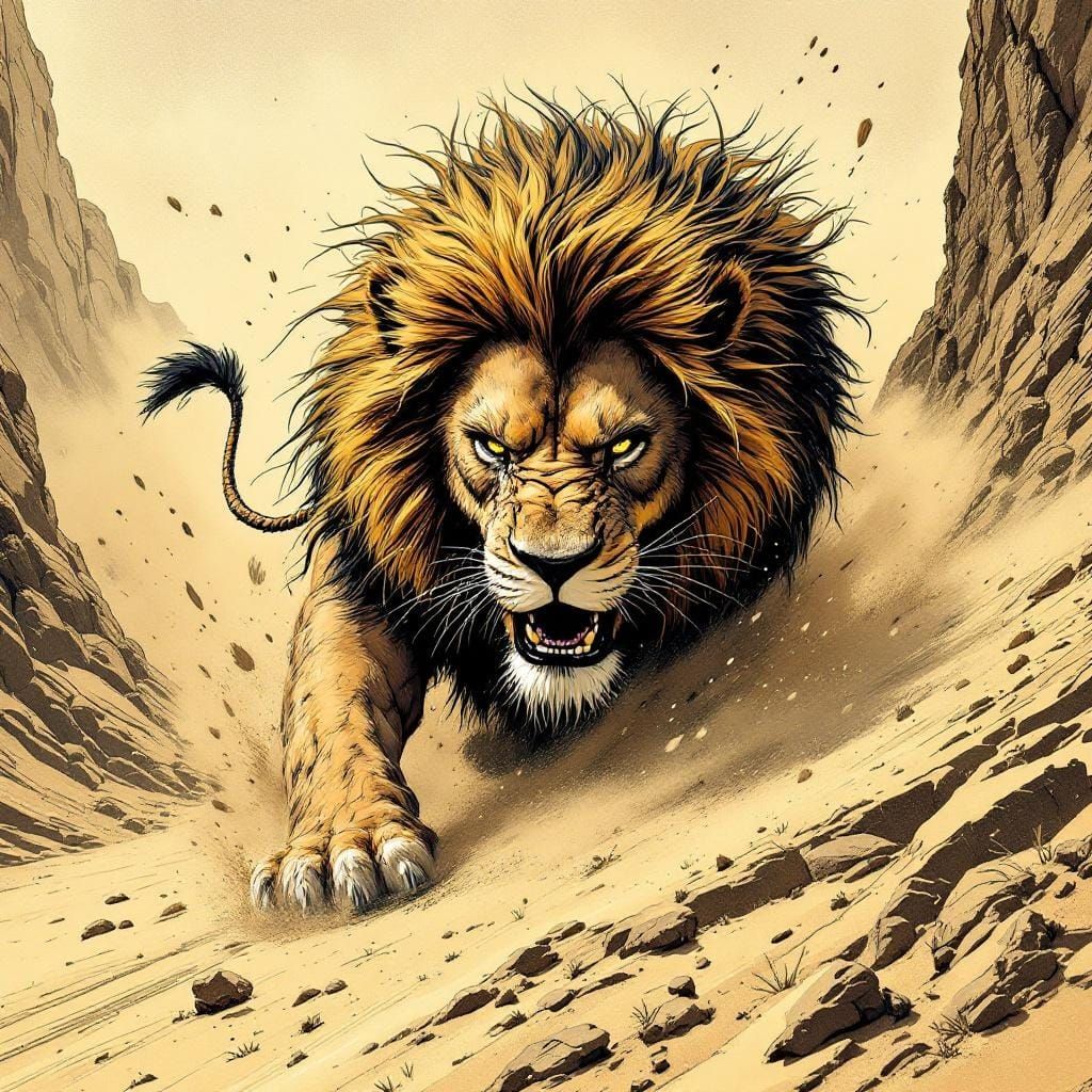 Lion Speeding Through Desert: Manga-Fusion Action Scene