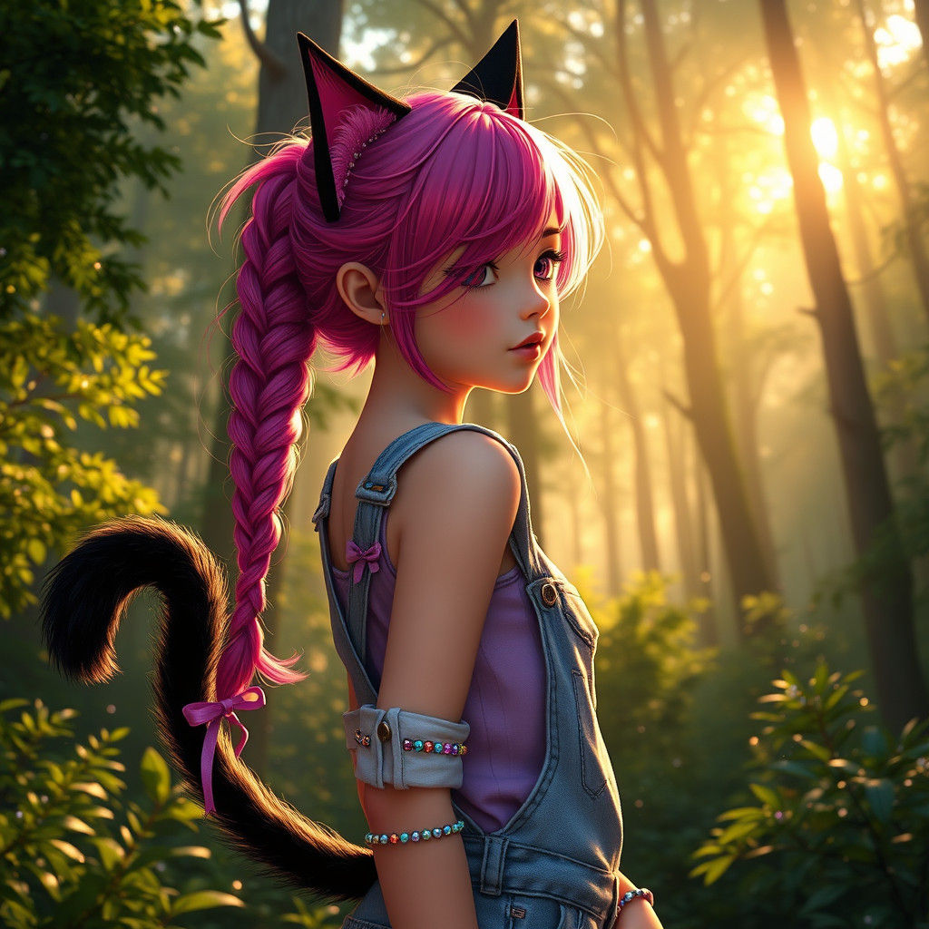 Girl with Cat Ears in Emerald Forest