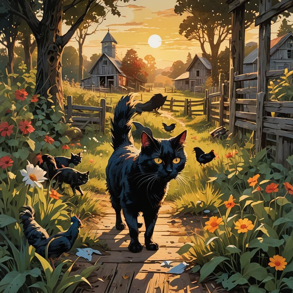 Black Cat and Foul Chickens in Farm Landscape