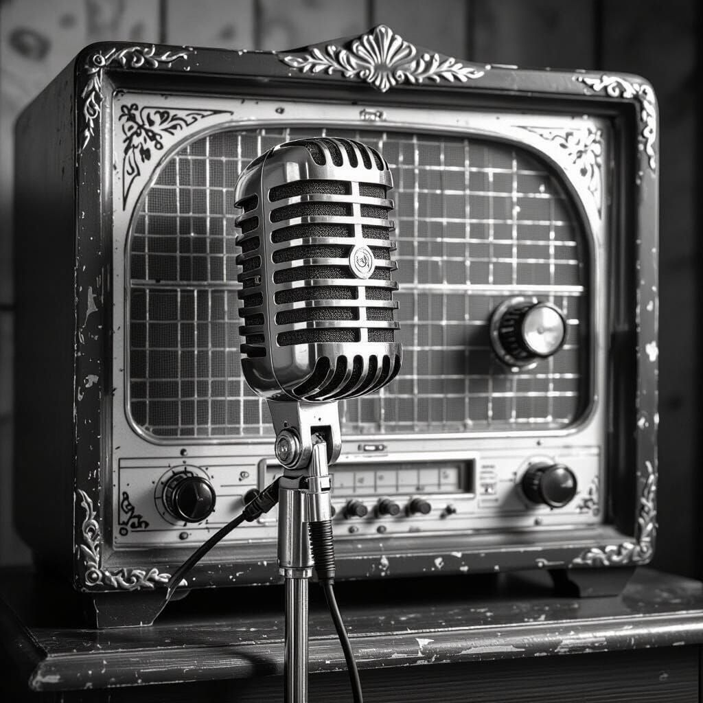 Vintage Radio & Microphone in 1940s Broadcast Style