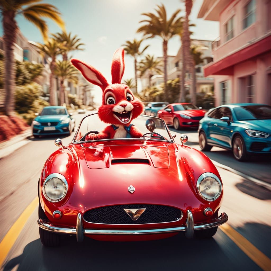 Bunny Driving a Red Sports Car on Coast