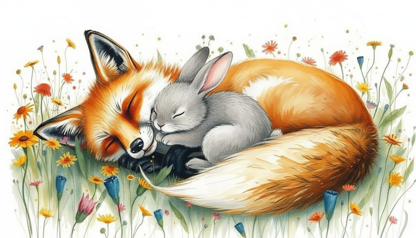 Fox in Wildflowers: Stylized Watercolour Art