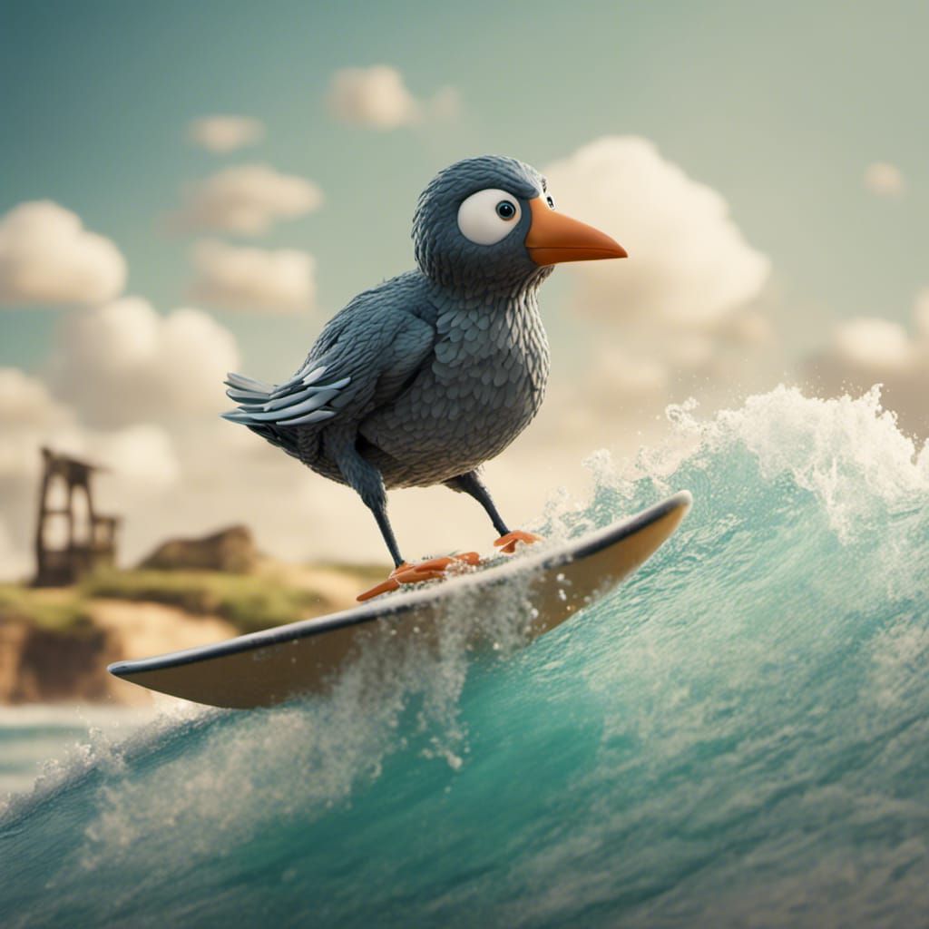 Surfing Bird in Aardman Animation Style
