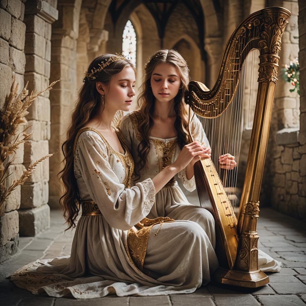Ethereal Maiden Plays Golden Harp in Castle Hall