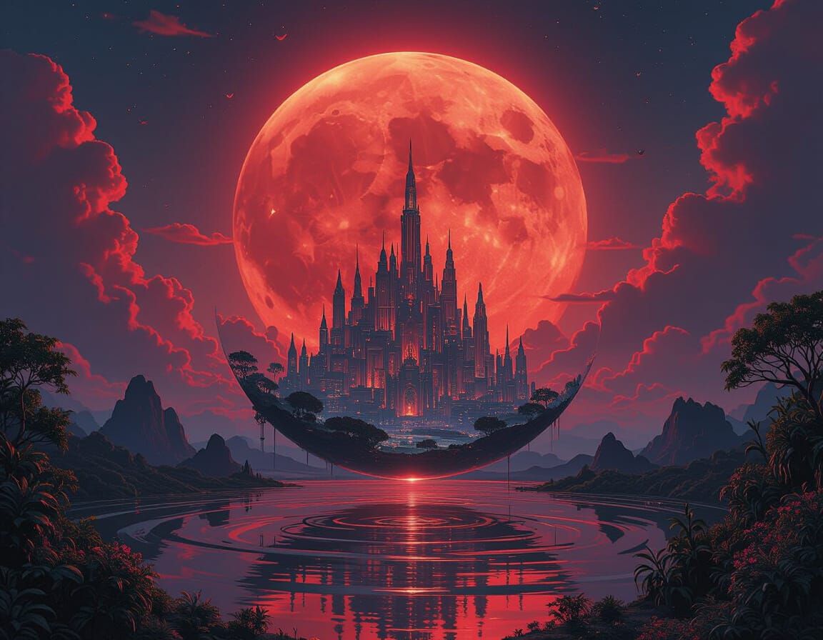 Surreal City Metamorphosis Under Colossal Red Moon