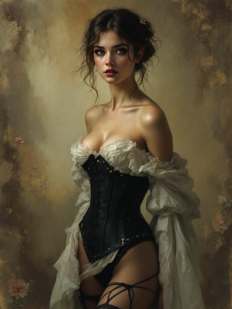 1750s Pin Up Woman in Black Pantaloons and Corset