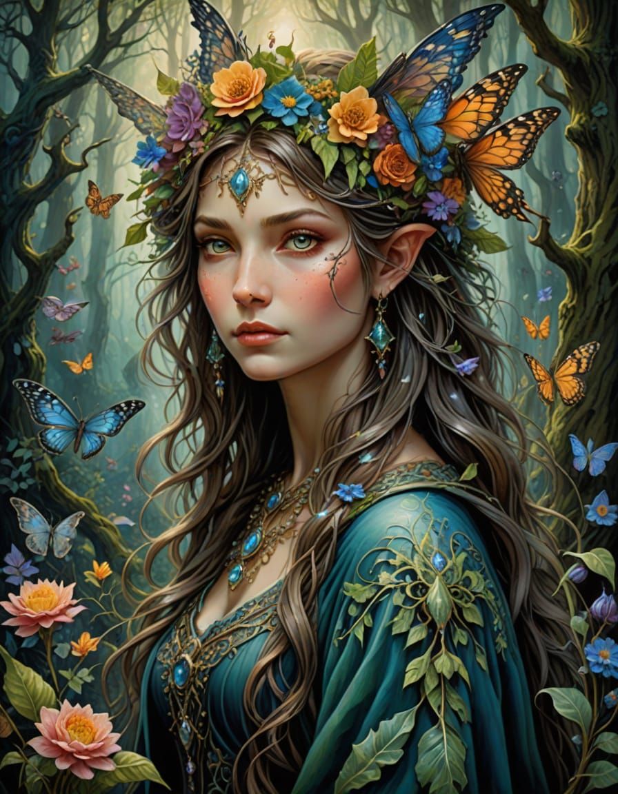 Ethereal Forest Witch Portrait with Floral Patterns
