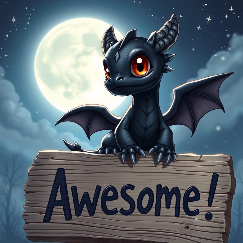 Surreal Anime Dragon Admires Awesome Sign Under Starry Night...