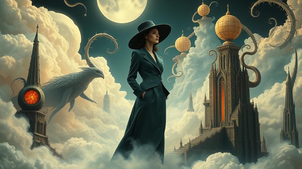 Dreamlike Woman in Surreal Cloudscape: A Digital Painting