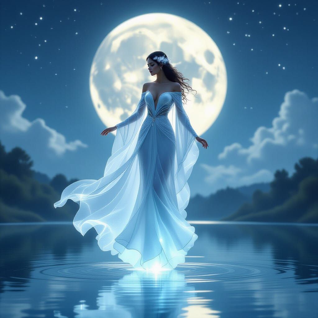 Celestial Being in Moonlight Gown Over Lake