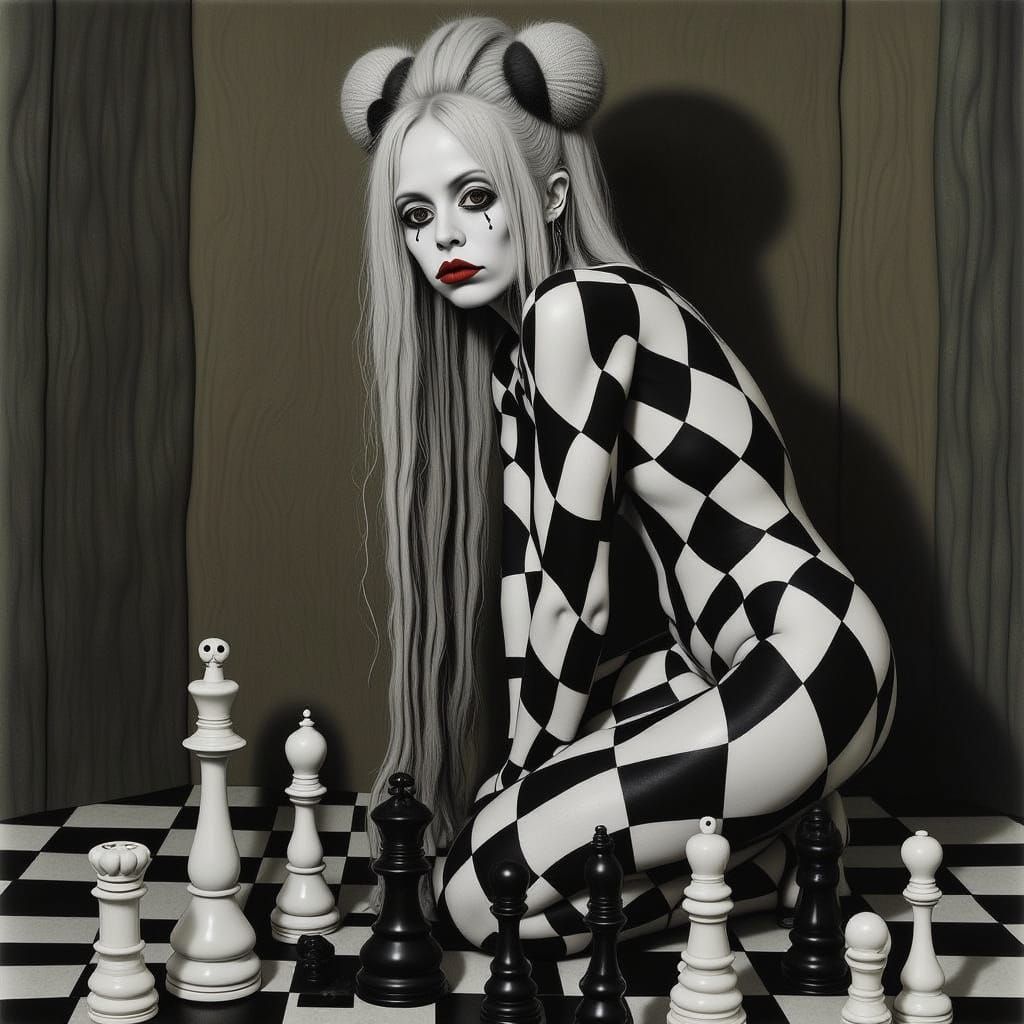 Surreal Fashion Icon in Dark, Moody Chessboard Scene