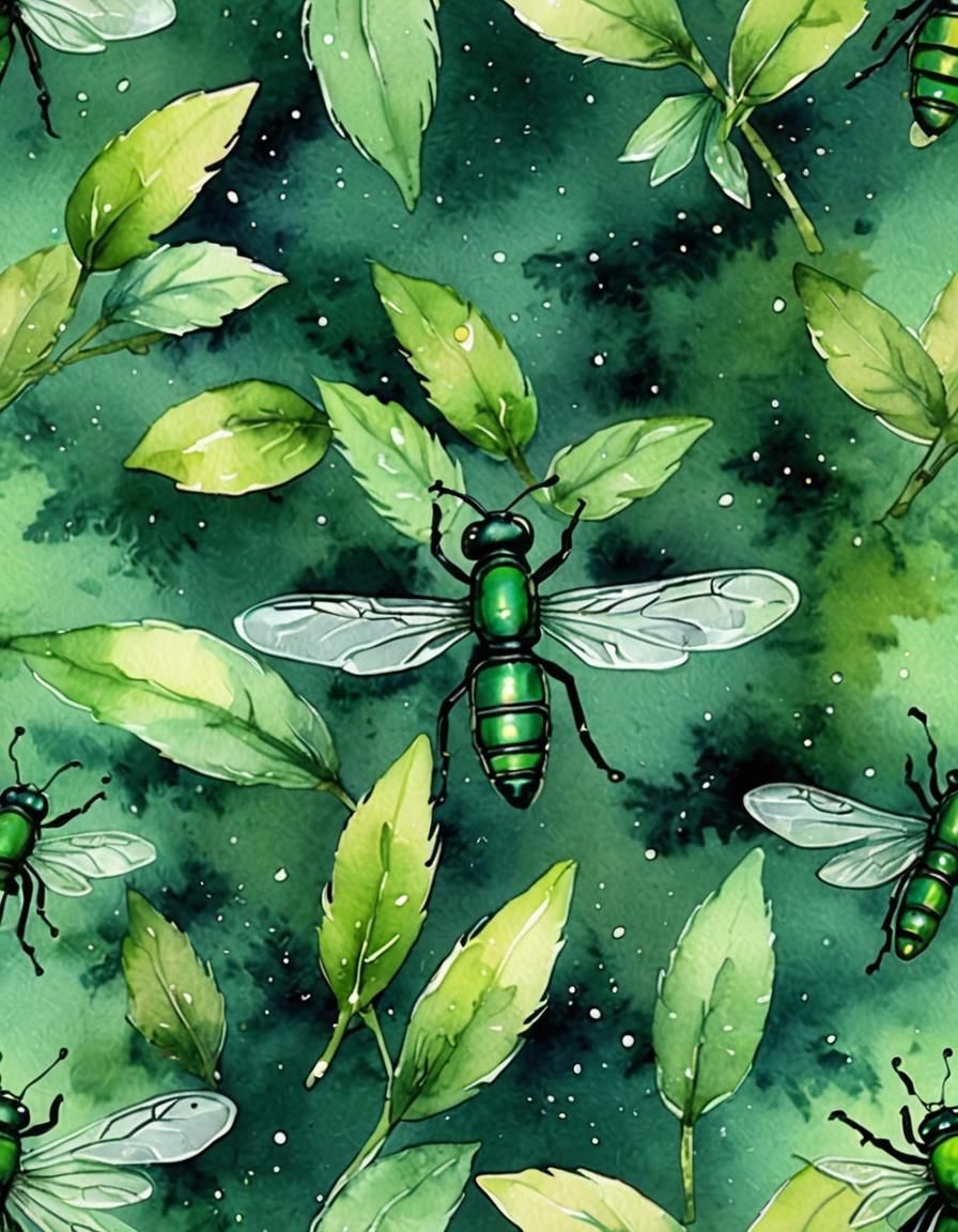 Green Firefly Watercolor Painting