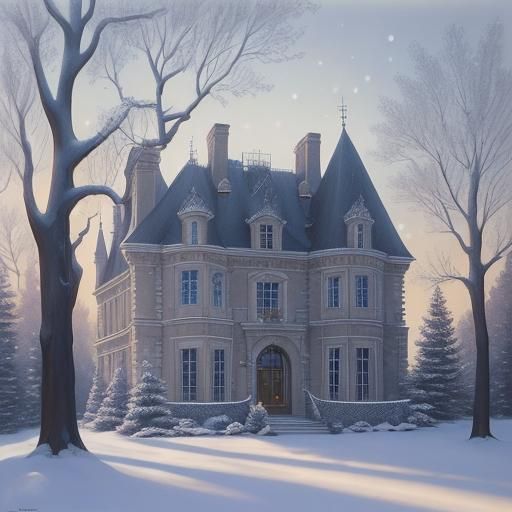 Snowy Chateau in Winter Landscape as Oil Painting